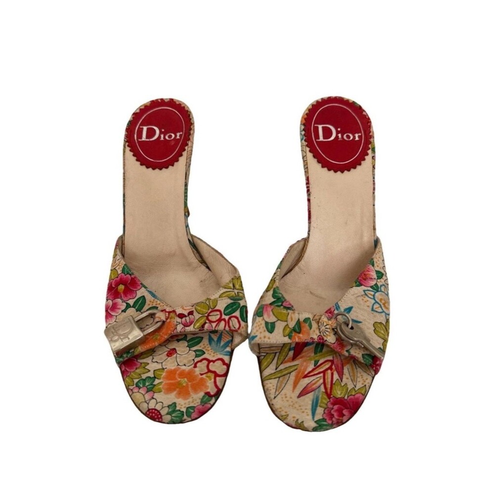 Dior SS 2003 Galliano Silk Floral Padlock Sandals Vintage Y2K Dior Heels EU 39
